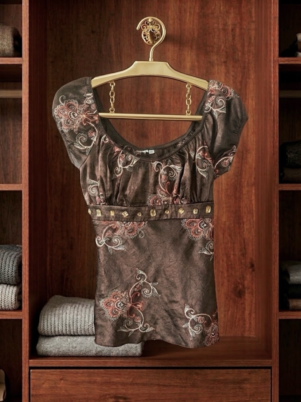 Boho Fairycore Babydoll Y2KBrown Embroidered Empire Waist Blouse w/ Back Tie
